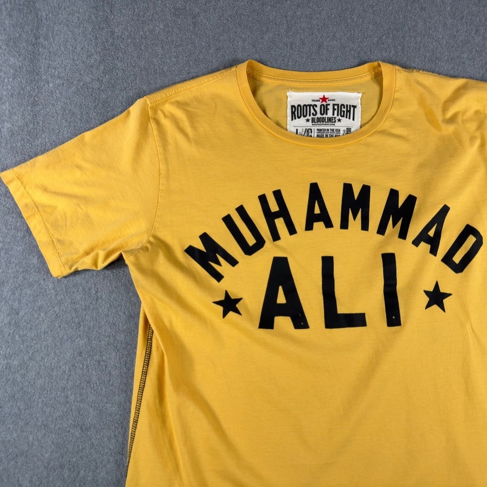 Roots of Fight T Shirt Mens L Yellow Muhammad Ali Float Butterfly Bee USA Boxing